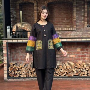 2PC Fancy Embroidery Front Pocket Style Doria Cotton Suit