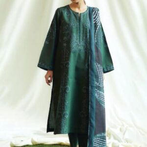 3PC Dhanak Embroidered Shirt with Twill Printed Shawl and Trouser