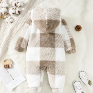 Plaid Hooded Long-Sleeved Plush Jumpsuit