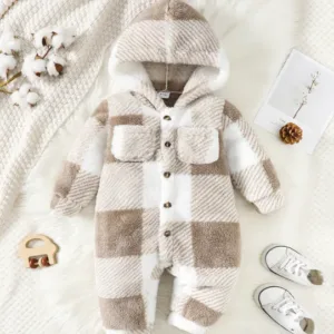 Plaid Hooded Long-Sleeved Plush Jumpsuit